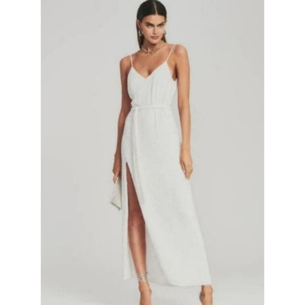 Retrofete Rebecca Sequin Maxi Dress in White Size Small Sleeveless Belt NWT